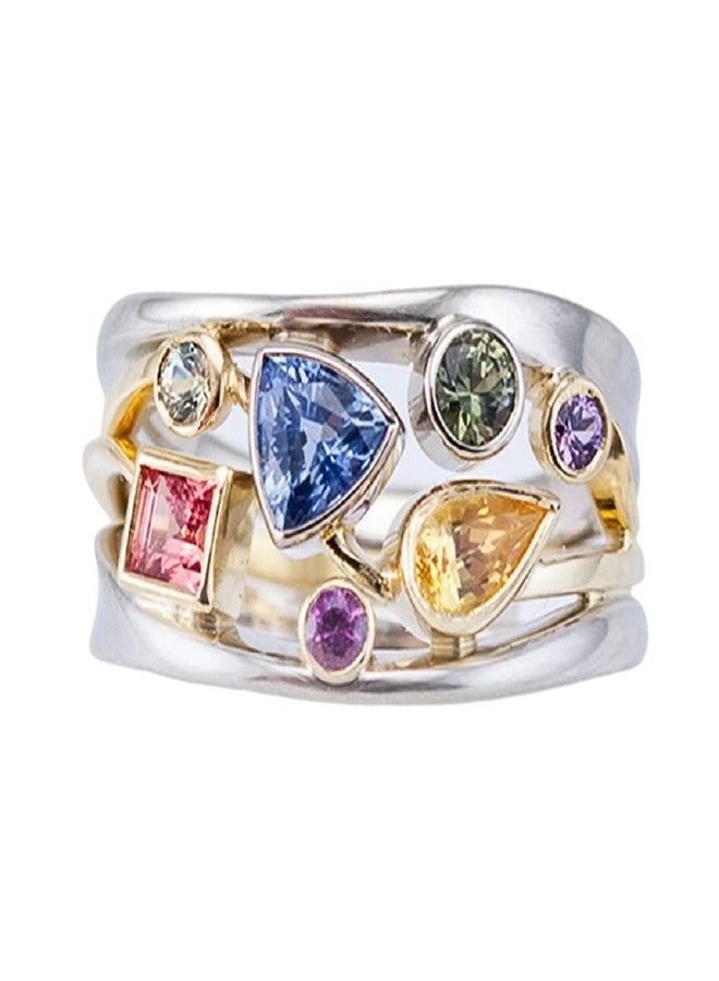 LRGKMCWTOB 925 Sterling Silver Womens Shiny Full Diamond Ring Geometrical Line Multi Row Womens Rainbow Gemstone Ring Wave Shape Eternity Engagement Wedding Promise Ring Cocktail Party Ring (Size 8) - Image 1